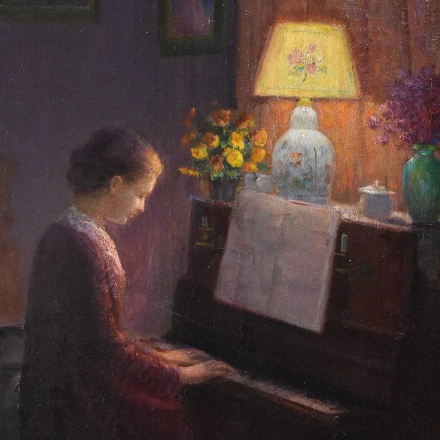 Henri-Charles Angéniol, Young Woman Playing the Piano, Oil on Canvas, 20th Century, Framed For Sale - Image 4 of 11