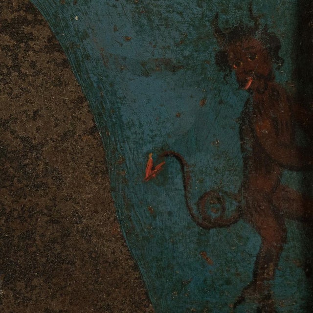 Ink Blue Antique 18thC Spanish Colonial Icon Painting Retablo St. Camillus & Christ 1760 For Sale - Image 8 of 9