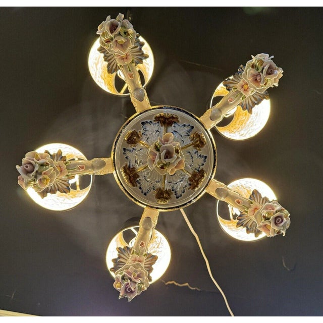 French 1930s French Hand Painted Porcelain Five Light Chandelier For Sale - Image 3 of 12
