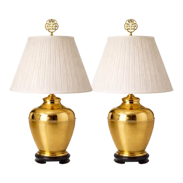 Vintage Brass Ginger Jar Table Lamps With Double Happiness Finials & Original Pleated Shades – 27” - a Pair For Sale