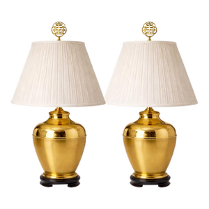 Vintage Brass Ginger Jar Table Lamps With Double Happiness Finials & Original Pleated Shades – 27” - a Pair