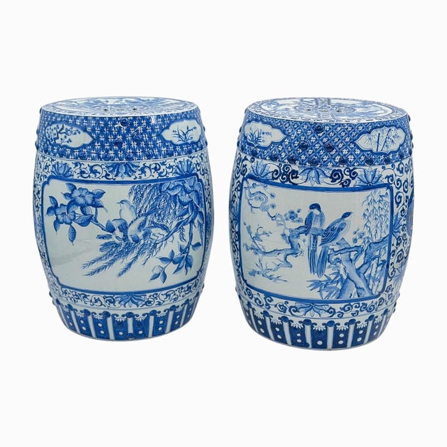 Late 20th Century Pair of Blue and White Chinoiserie Porcelain Garden Stools For Sale - Image 10 of 14