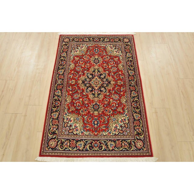 Farmhouse Fine Qom Rug 3’3” X 4’11” Red Wool Traditional Hand-Knotted Oriental Carpet For Sale - Image 3 of 12