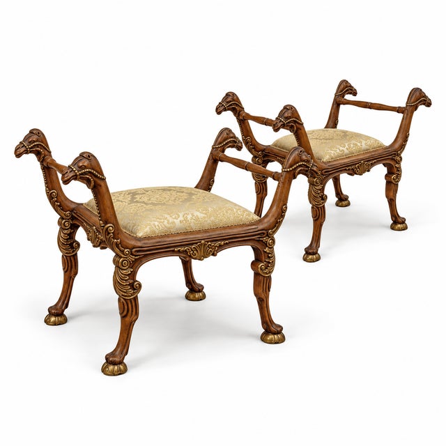 Regency Style Italian Carved Fruitwood & Gilt Camel Form Ottomans / Benches - Pair For Sale - Image 9 of 9