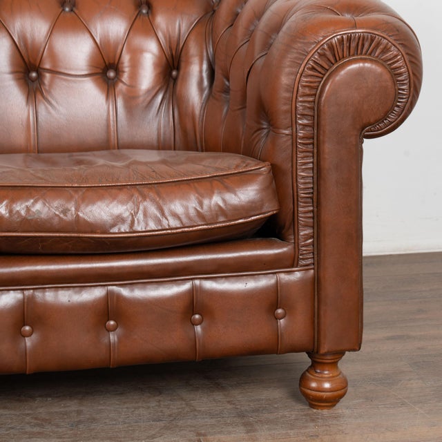 20th Century Vintage Brown Leather Chesterfield Two Seat Sofa Loveseat From Denmark For Sale - Image 13 of 14