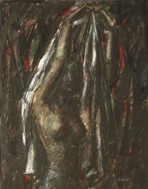Forrest Hibbits "Figure Holding Drapery" Modernist Interior With Nude, 1952 1952