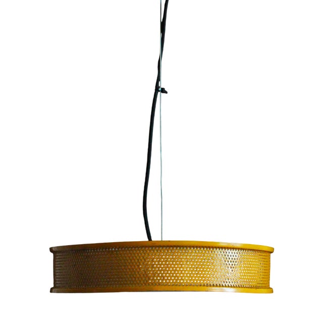 Circular Yellow Lacquered Metal 2-Light Pendant in the style of Jacques Biny, 1960s For Sale