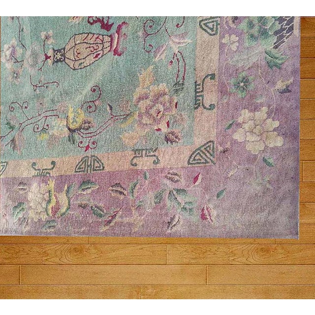 1920s Green Celadon Floral Vase Antique Chinese Art Deco Carpet 10' X 15'6" Knotted Wool Rug For Sale - Image 10 of 10