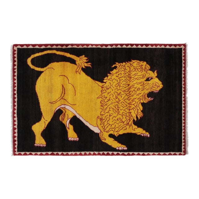 Vintage Gabbeh Persian Rug, Gold and Black With Lion Pictorial - Rug & Kilim For Sale