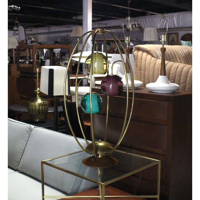 Metal Oval "Bird Cage" Brass Table Lamp Purple Blue Yellow Glass Globe Shades MINT! For Sale - Image 7 of 10