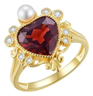 Kai "On My Heart" Garnet Diamond Pearl Cocktail Ring in 14k Gold, Size 6