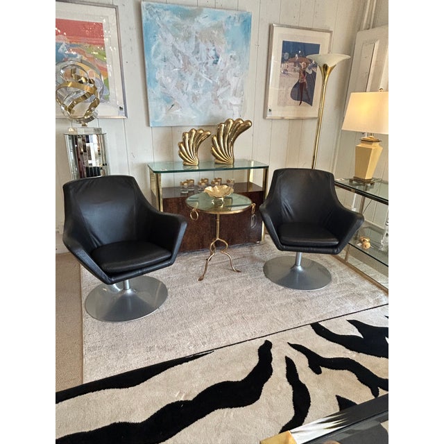 Mid-Century Modern Vintage Danish Bolia Black Leather Swivel Club Chairs For Sale - Image 3 of 14