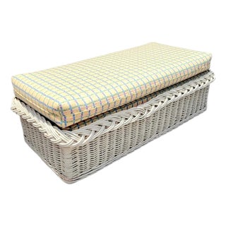 Vintage Huge Braided Off White Wicker Upholstered Yellow Blue Plaid Regency Bench For Sale