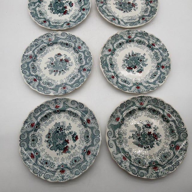 Set of 6 Antique English Adams Green & Red Transferware "Jacobean" Plates Description An exceptional set of six antique...