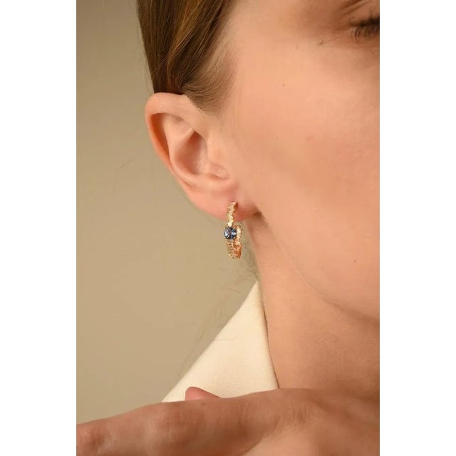 Not Yet Made - Made To Order 1.35ct Sapphire 14k Gold Inside-Out Hoop Earrings With 66pcs Baguette Diamonds- A Pair For Sale - Image 5 of 12