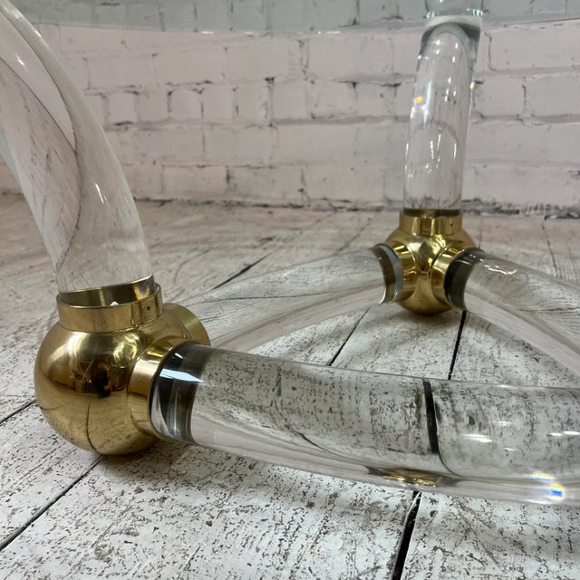 Glass Karl Springer Style Post Modern Circular Glass Coffee Table Lucite and Brass For Sale - Image 7 of 9