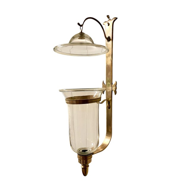 Mid 20th Century Vintage Chapman & Myers Style Brass and Glass Hurricane Wall Sconces – Pair of Mid-Century Lantern Candle Holders For Sale - Image 5 of 17