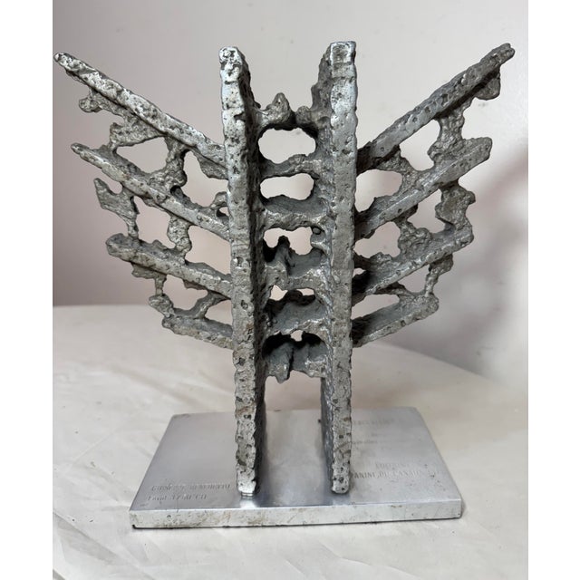 Brutalist Vintage 91' Chrome Metal Brutalist Statue Sculpture Presentation Award Silver For Sale - Image 3 of 11