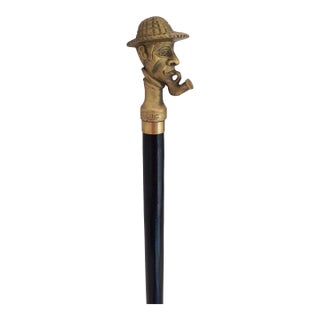 Antique Black Wooden Folding Walking Stick Cane With Sherlock Holmes Head Handle For Sale