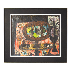 “Still Life” Oil and Collage on Canvas Signed Ores