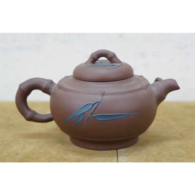 Brown Vintage Chinese Yixing Zisha Brown Clay Bamboo Leaf Teapot Pitcher 7" For Sale - Image 8 of 13