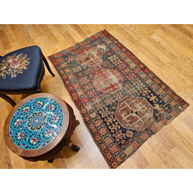 Textile 19th Century Caucasian Shirvan Area Rug, Tribal Geometric Pattern, Blue & Ivory, 3’ x 5’ For Sale - Image 7 of 17
