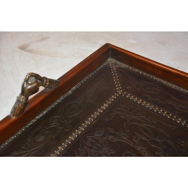 Antique-Style Mahogany Serving Tray With Bronze Lined Enbossed Bottom and Cast Bronze Handled Mounts For Sale - Image 4 of 12
