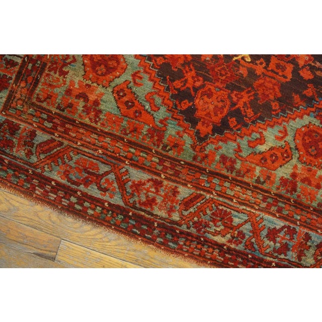 Textile Beautiful Brown Background With Firey Reds and Sky Blue Antique Tribal and Rustic Turkish Kula Rug For Sale - Image 7 of 9