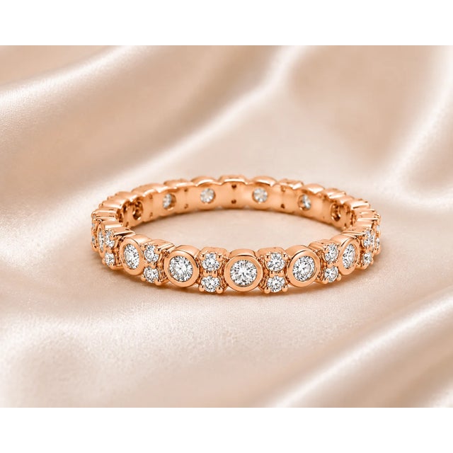 14K Pink Rose Gold Diamond Eternity Wedding Band Ring Estate Designer For Sale - Image 4 of 4