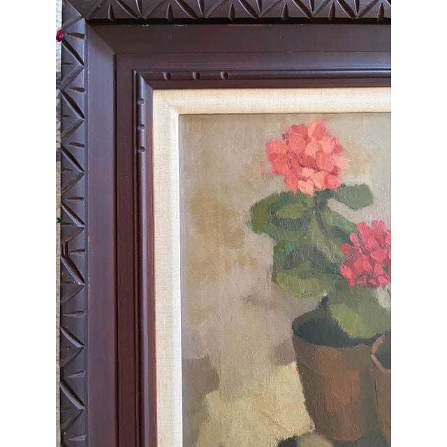 Beautiful still life of geraniums in pots. Vintage painting depicting potted flowers against modernist background. Hand...