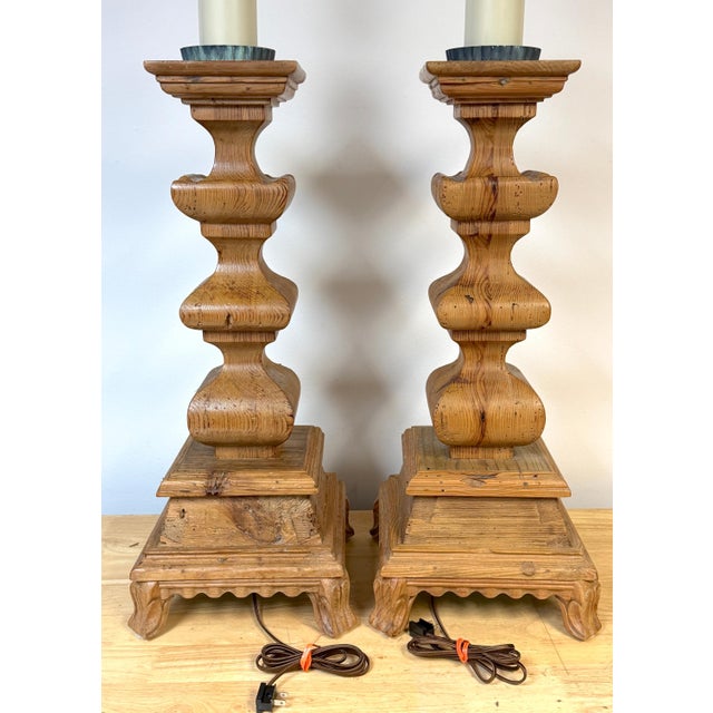 Mid 20th Century Monumental Tuscan Carved Pine Column Table Lamps, Rewired - a Pair For Sale - Image 11 of 14