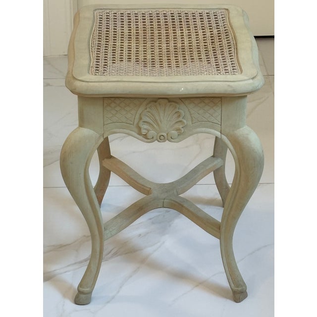 Tan Vintage French Louis XV Style Wooden Stool / Vanity Stool With Caned Seat For Sale - Image 8 of 17