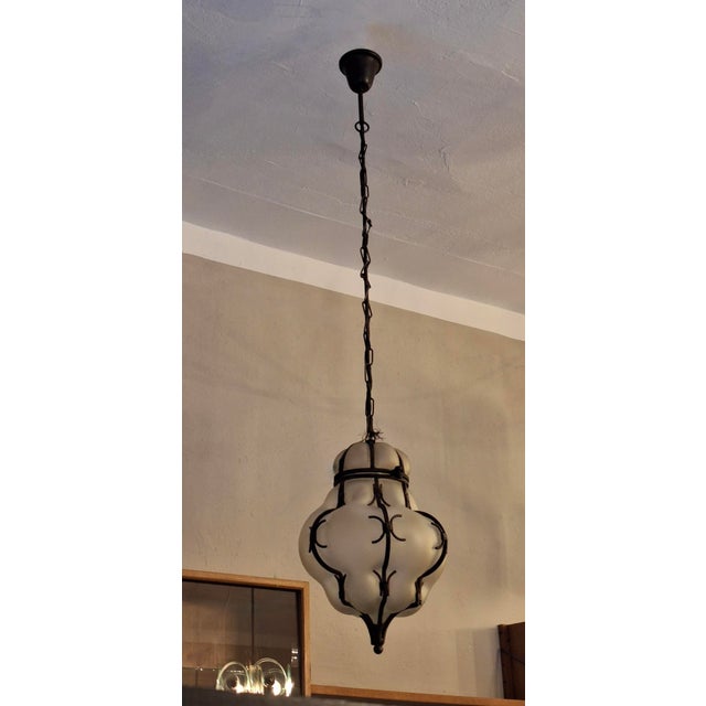 Metal Venetian Murano Blown Frosted Glass Hall Lantern Pendant Light in Iron Frame, Italy, 1960s For Sale - Image 7 of 11