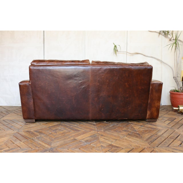 Restoration Hardware Brown Leather Two-Seat Sofa With Rich Patina For Sale - Image 14 of 18