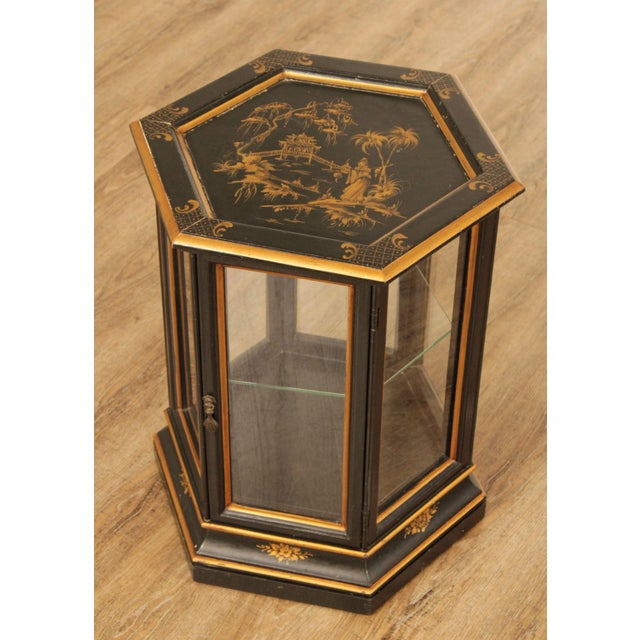 High Quality Vintage Hollywood Regency Era Hexagon Form Black and Gold Painted Curio Display Side Table with Interior...