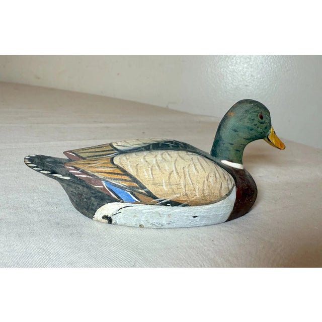 Green Vintage Miniature Hand Carved Wood Folk Art Mallard Drake Duck Decoy Sculpture For Sale - Image 8 of 12