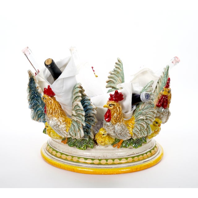 Italian Large Mid-20th Century Italian Oval Rooster Polychrome Six-Bottle Wine Cooler For Sale - Image 3 of 15