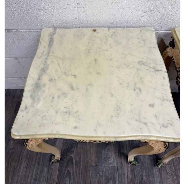 Wood Vintage Italian Louis XV Style Marble Top End Tables - Pair For Sale - Image 7 of 16