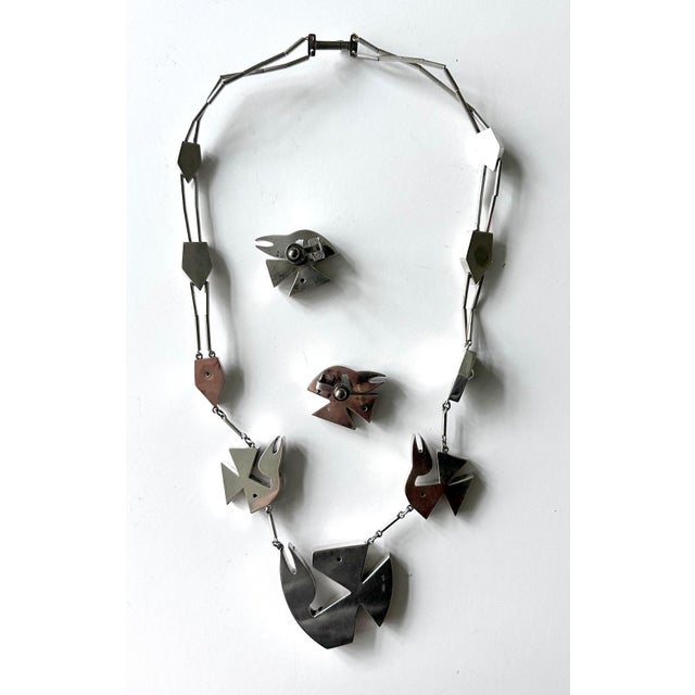 Gracie Modern Bird Motif Sterling Silver Necklace and Earrings Set Graziella Laffi For Sale - Image 4 of 14