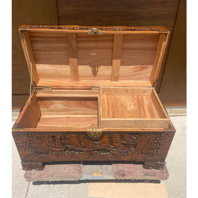Chinese Antique 1930s Chinese Hand-Carved Camphor Chest For Sale - Image 3 of 7