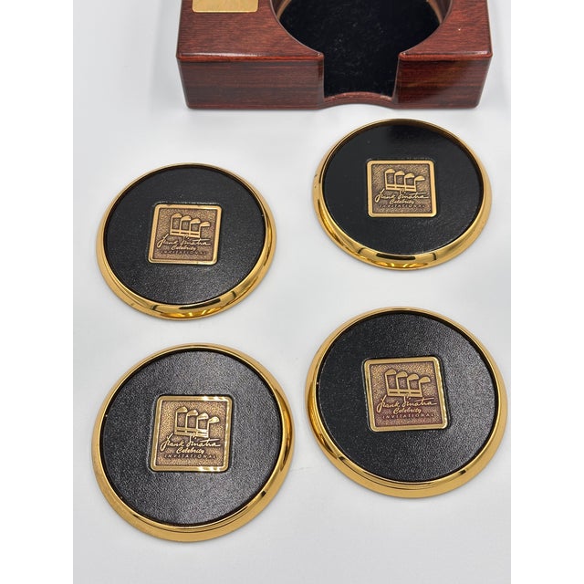 1980s Frank Sinatra Celebrity Golf Invitational Leather & Brass Coaster Set For Sale In Palm Springs - Image 6 of 11