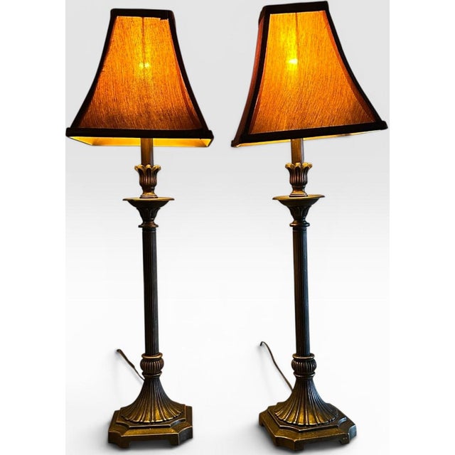 Contemporary Neoclassical Bronze Finished Fluted Buffet Lamps - A Pair Introduce an element of refined architectural...