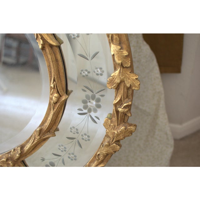 Vintage Hollywood Regency Gold Gilt Oval Mirror W / Etched Floral Bevel Glass Border, Leaf & Acorn Ornate Frame- 50" For Sale - Image 9 of 18