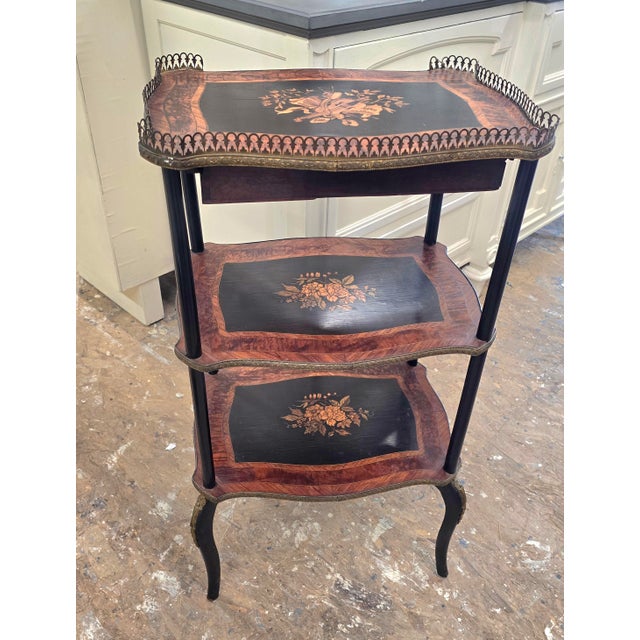 Antique Napoleon III Three Tier Stand With Marquetry For Sale - Image 9 of 12