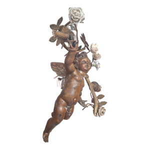 19thc French Napoleon III Heavy Cast Spelter/ Bronze Flying Cherub W/ Porcelain Flower Garland Ceiling Flush Mount/ Chandelier/ Pendant Lighting