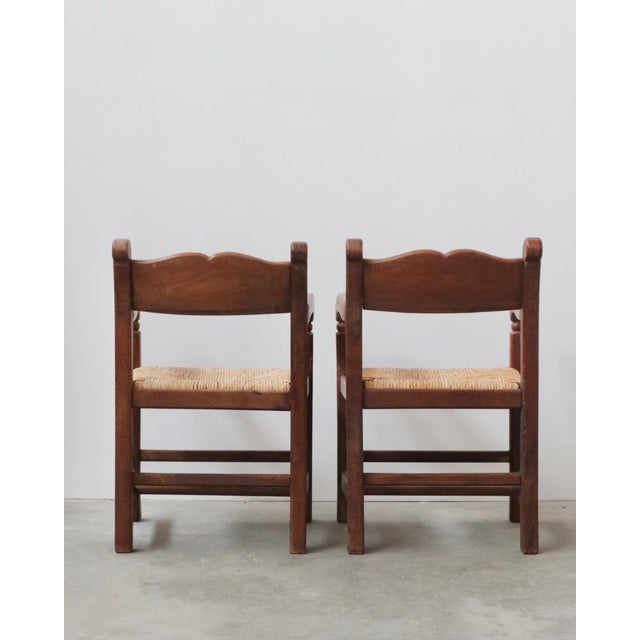 Vintage Mexican Walnut and Rush Armchairs - A Pair For Sale - Image 4 of 6