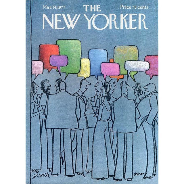 Original early New Yorker magazine cover dated March 14, 1977 featuring a Coctail Party theme. Based on an illustration by...