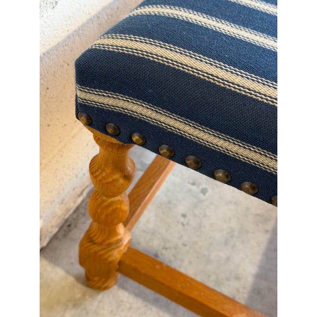 Mid-Century Modern Blue Striped Upholstered Oak Ottoman Danish Mid-Century Modern 1970s For Sale - Image 3 of 9