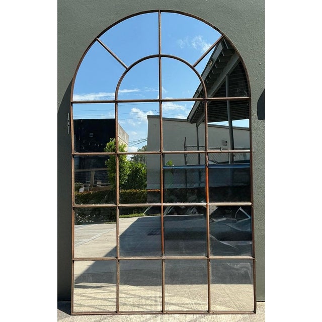 Vintage Monumental Arched Wrought Iron Mirror With Patinated Mullion Detail For Sale - Image 4 of 12