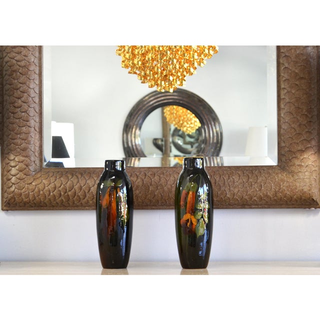 Mid-Century Modern Pair of 1920s Tall Hand Painted Brown Glazed Ceramic Flower Vases For Sale - Image 3 of 12